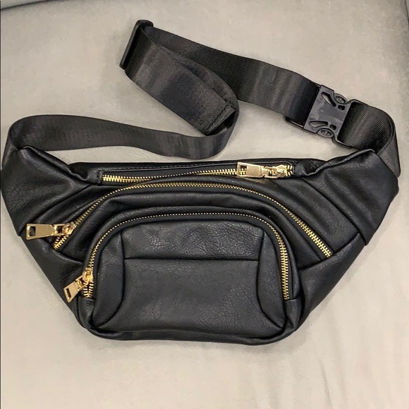 Handbags - Black Fanny Pack with Gold Zippers